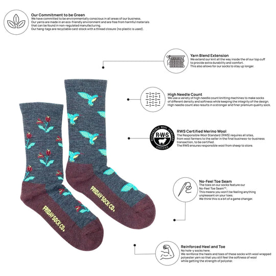 Dark gray and maroon womens merino wool socks with turquoise birds red flowers and friday sock co branding on heel