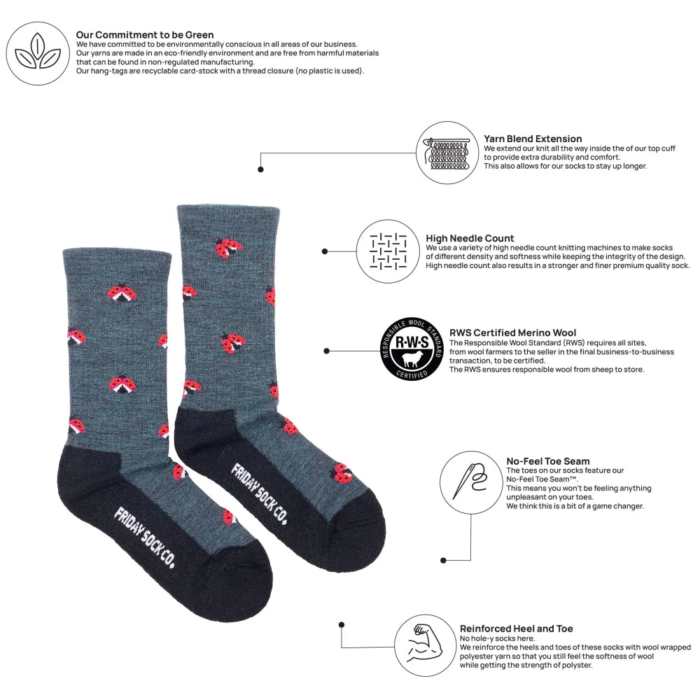 Dark gray womens ladybug merino wool socks with red patterns black toe heel and friday sock co branding