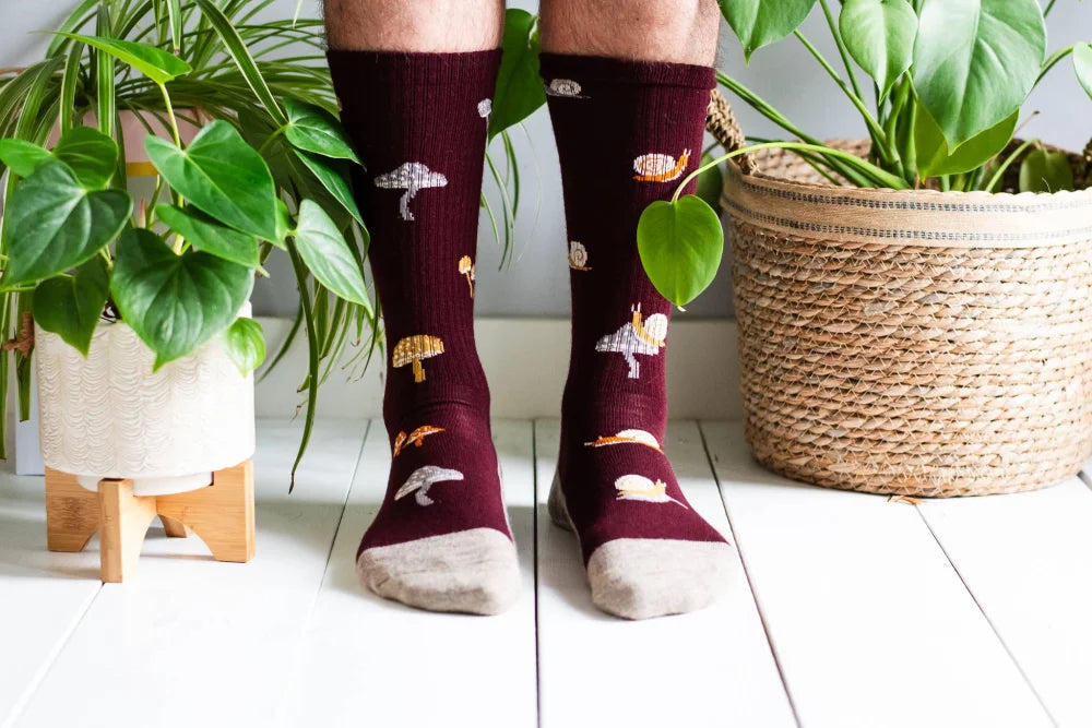 Women’s maroon merino wool socks with embroidered mushrooms and snails ribbed texture and beige toes for hiking