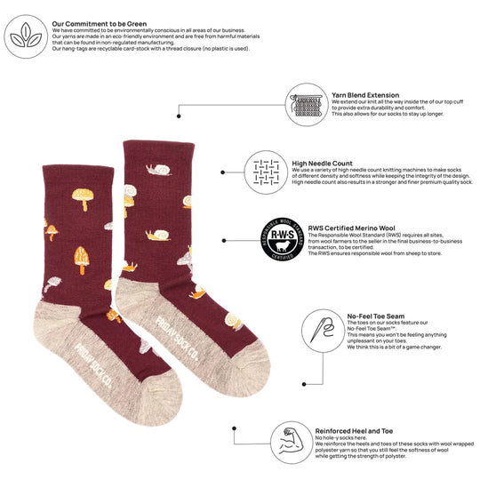 Women’s maroon merino wool socks with yellow mushrooms and white snails pattern perfect for comfy hiking