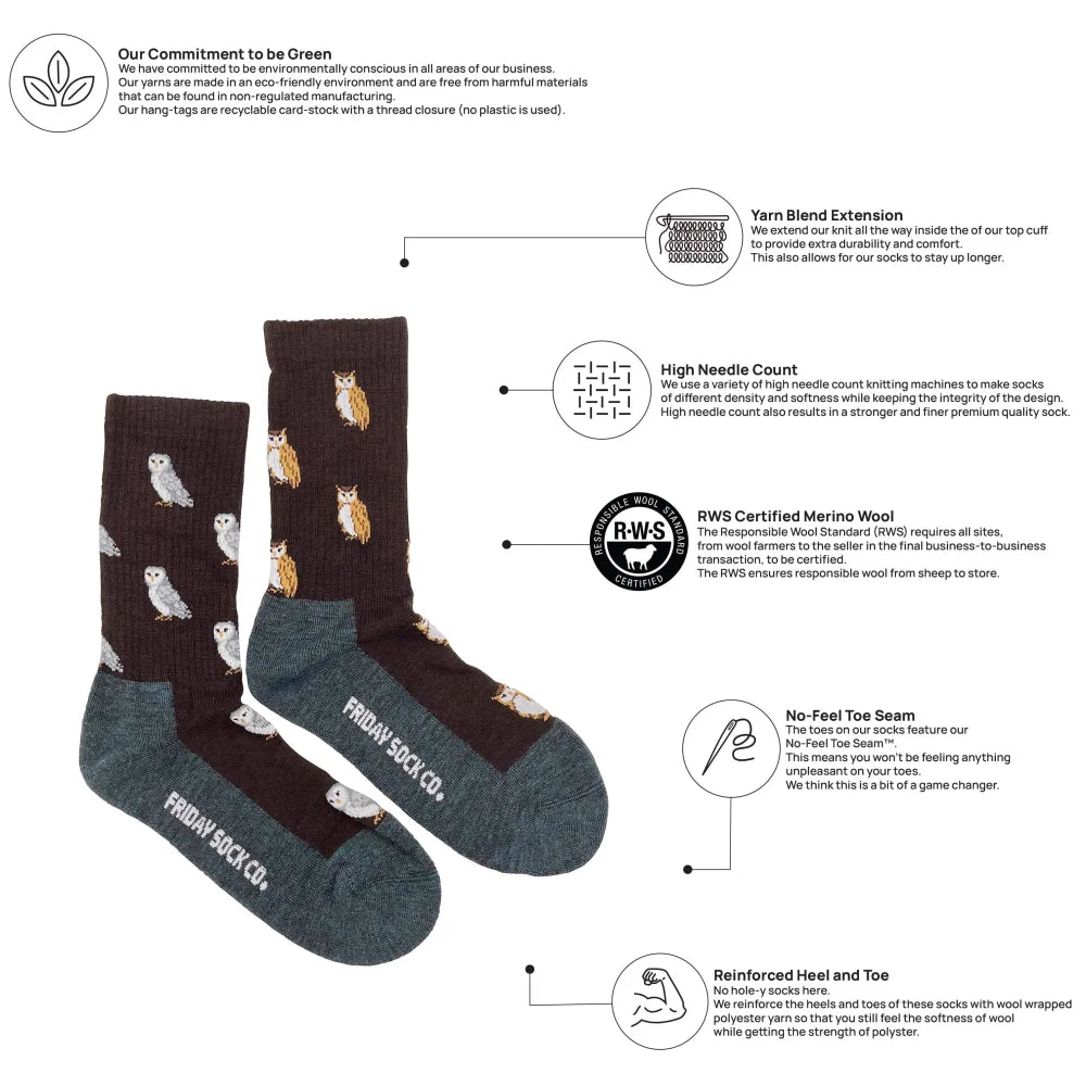 Dark brown womens wool socks with white and light brown owl pattern and teal cuff made of soft merino wool by angus oliver