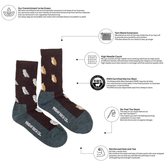 Dark brown womens wool socks with white and light brown owl pattern and teal cuff made of soft merino wool by angus oliver