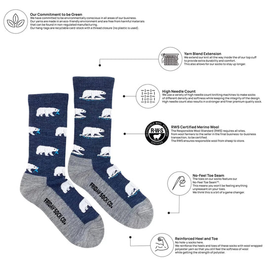Women’s navy blue and gray merino wool socks with white polar bear patterns made from rws certified wool by friday sock co