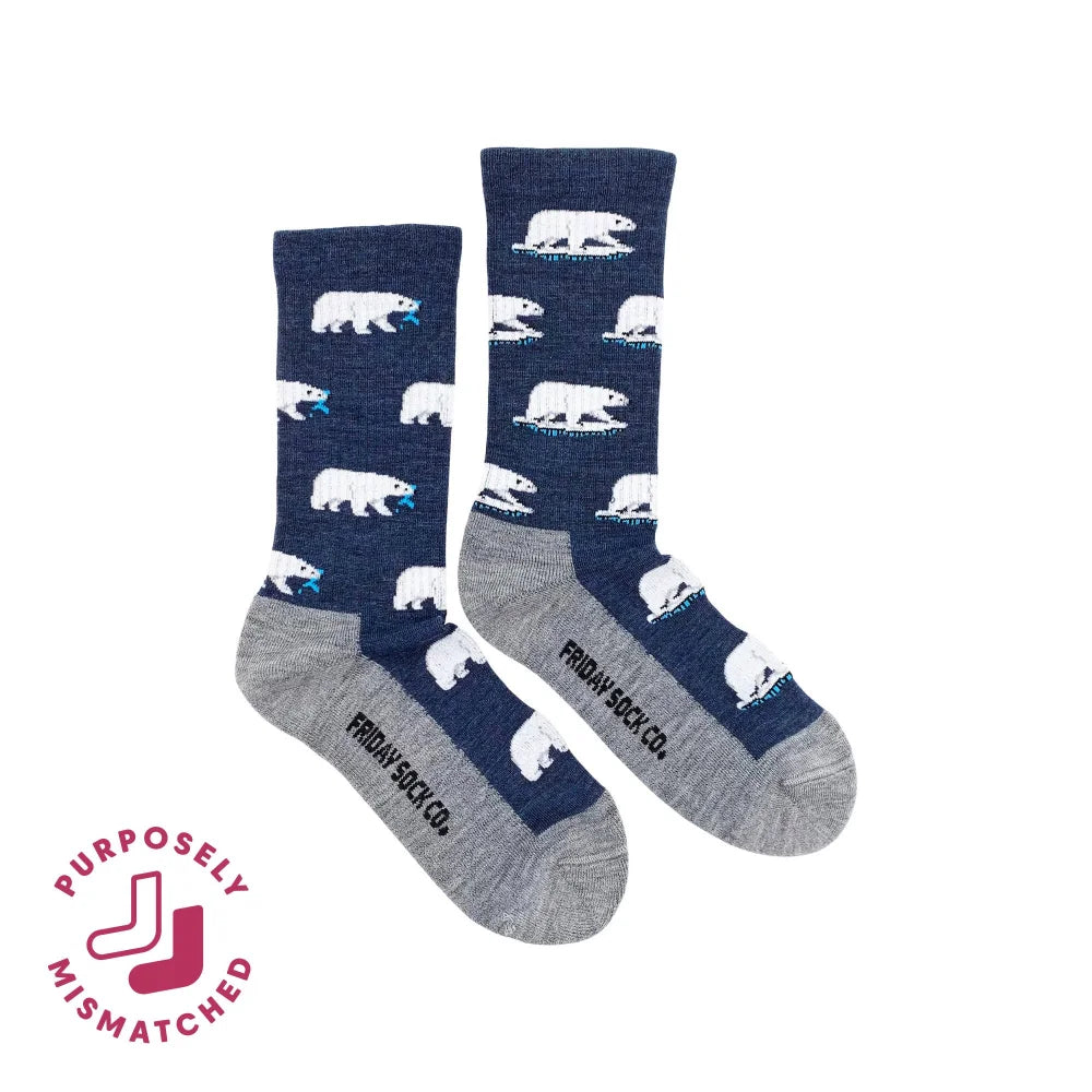 Navy blue wool socks with white polar bears gray toe caps made of soft italian merino wool by friday sock co
