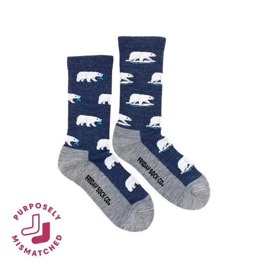 Navy blue wool socks with white polar bears gray toe caps made of soft italian merino wool by friday sock co