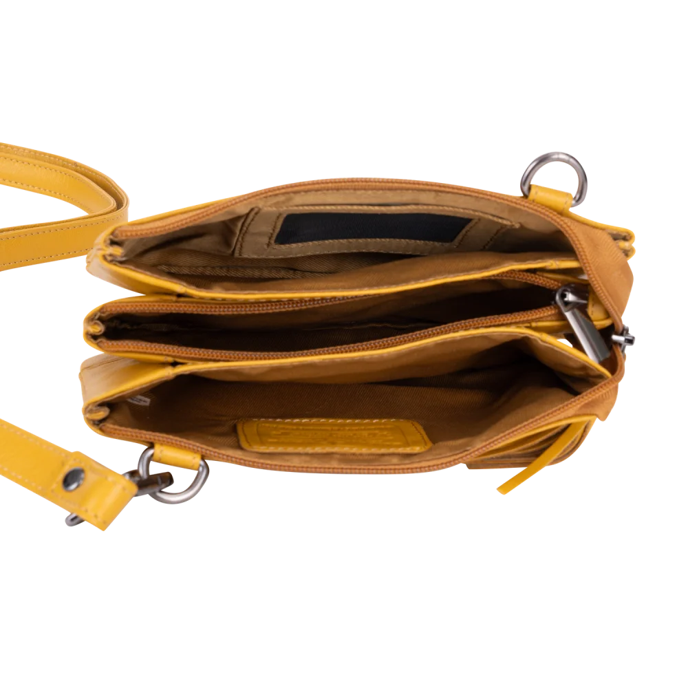 Yellow Angus Oliver Ruby shoulder bag with zipped pockets, leather crossbody
