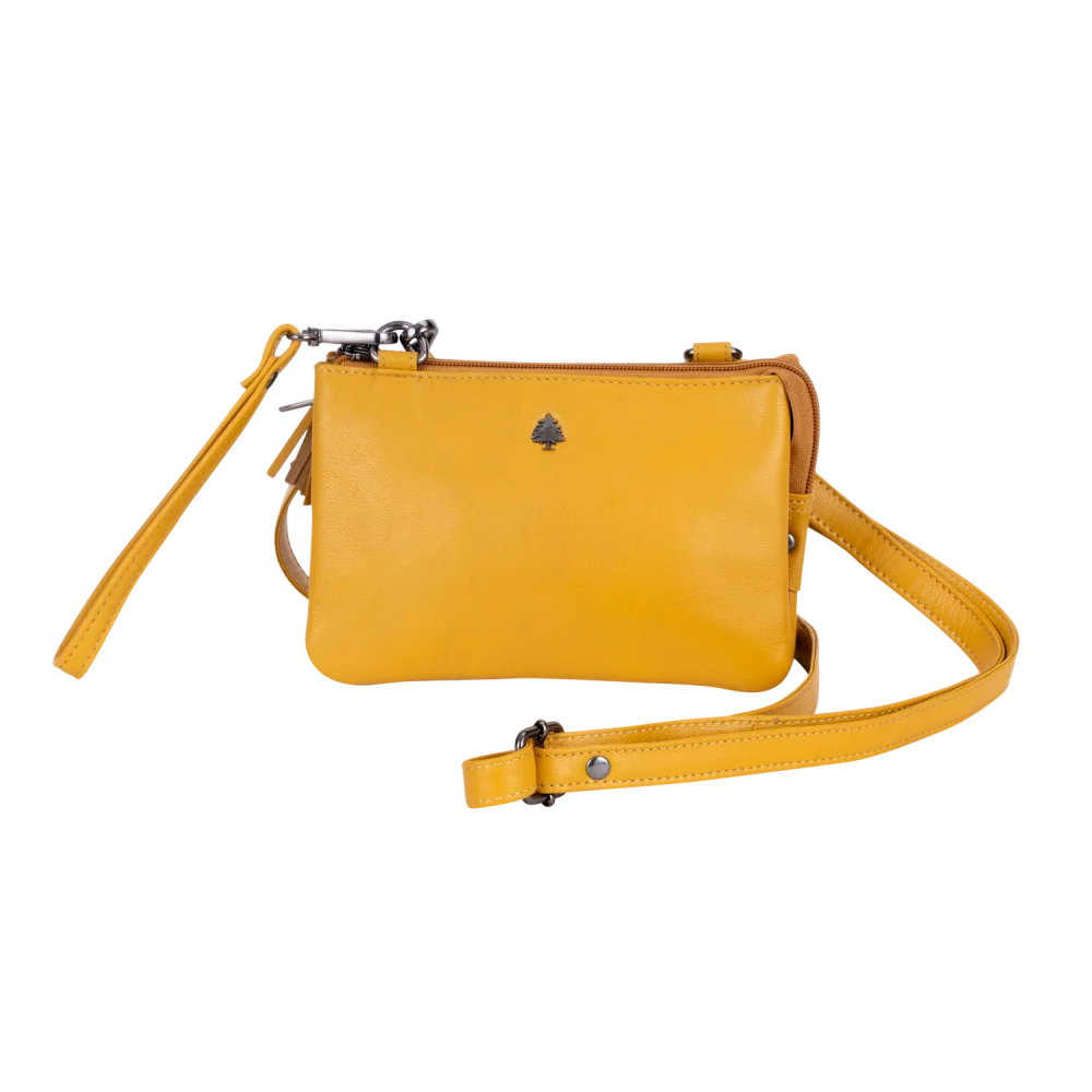Bright yellow Angus Oliver Ruby shoulder bag with silver tree emblem