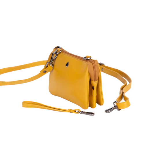 Bright yellow Angus Oliver Ruby shoulder bag with silver hardware