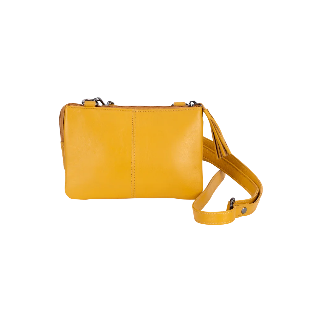 Sleek mustard-yellow Angus Oliver Ruby shoulder bag with zipped pockets