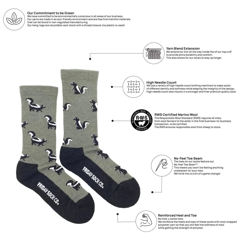 Women’s olive green merino wool socks with black skunk patterns and black toe heel and sole wool socks gift idea