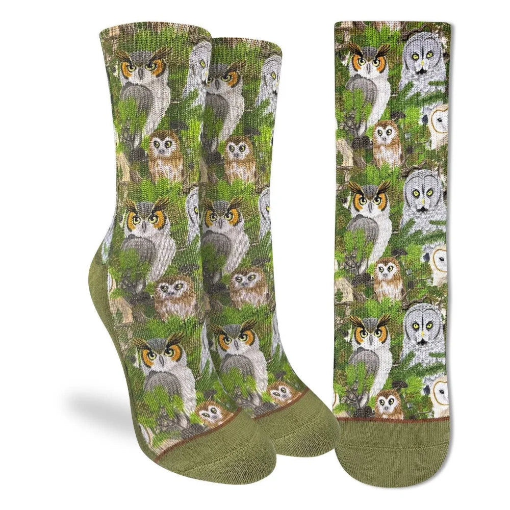 Women’s Staring Owls Socks in green brown forest scene with Angus Oliver sheepskin vibe
