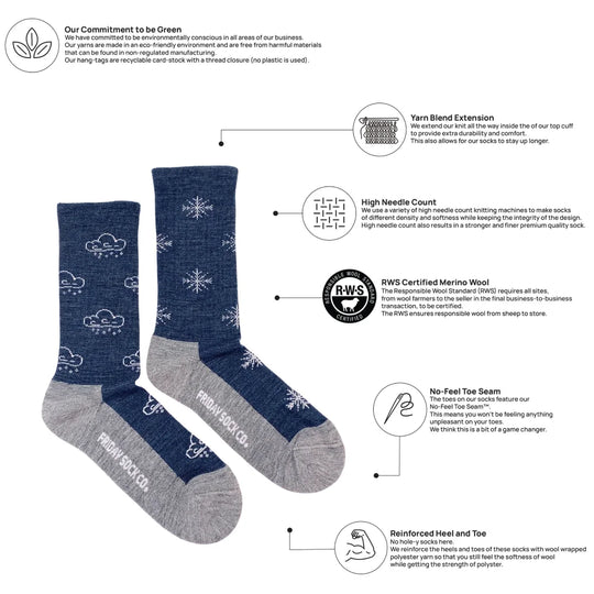 Navy blue womens merino wool socks with white snowflake cloud patterns and gray heel toe by friday sock co