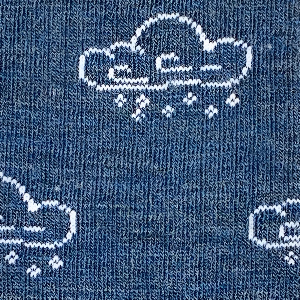 Women’s winter merino wool socks in blue with white embroidered clouds and snowflakes for cozy cold days