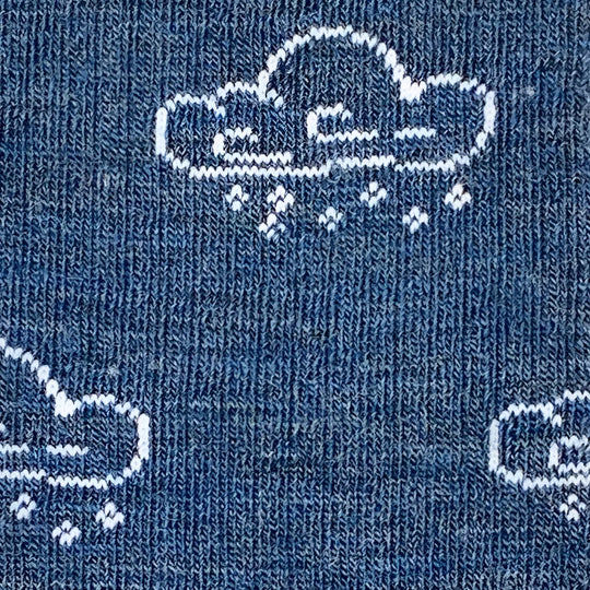 Women’s winter merino wool socks in blue with white embroidered clouds and snowflakes for cozy cold days