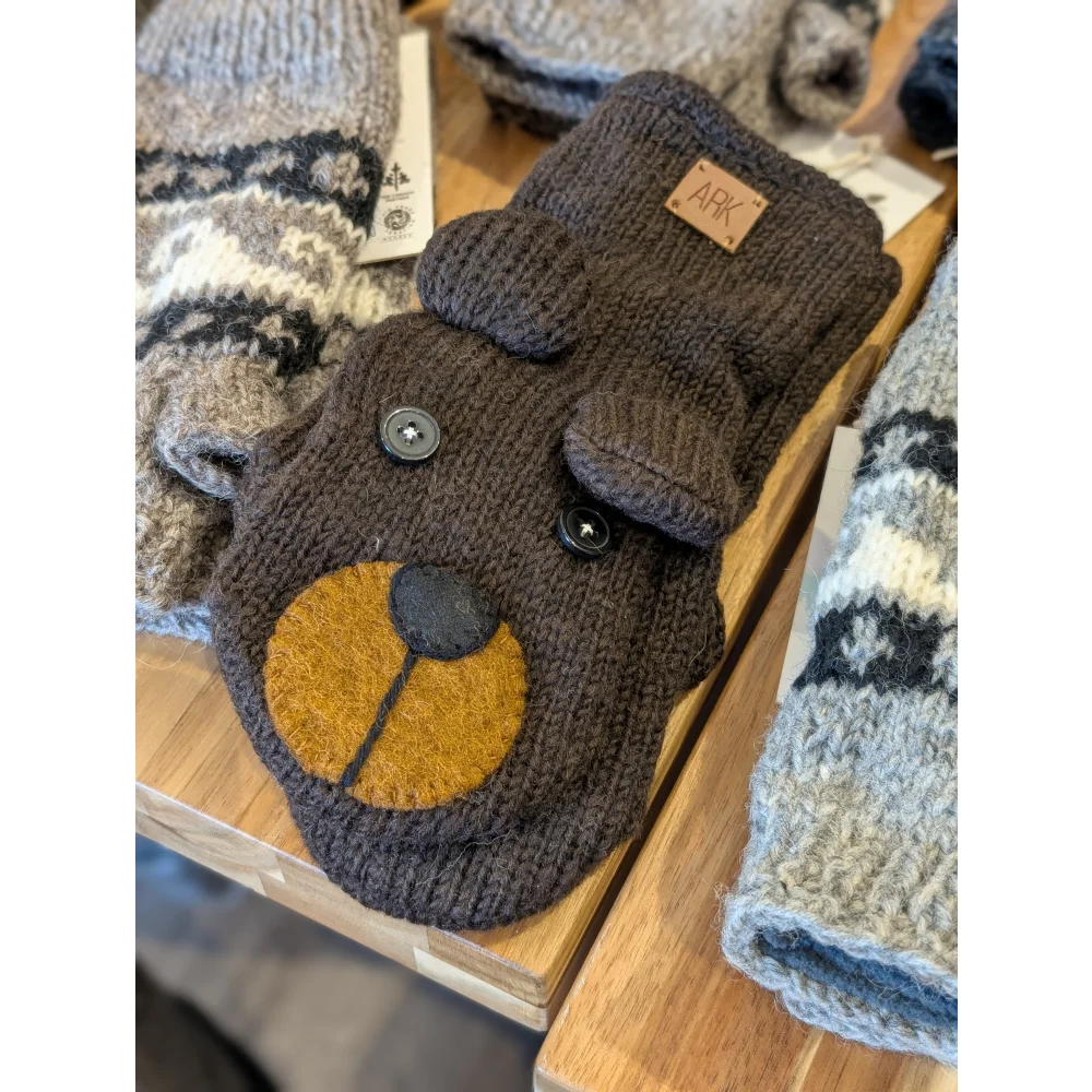 Cozy unisex brown bear wool mittens with yellow nose and black eyes