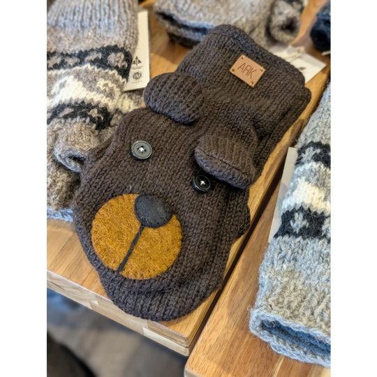 Cozy unisex brown bear wool mittens with yellow nose and black eyes