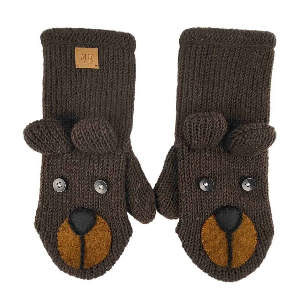 Cozy unisex brown bear wool mittens with button accents and ribbed texture