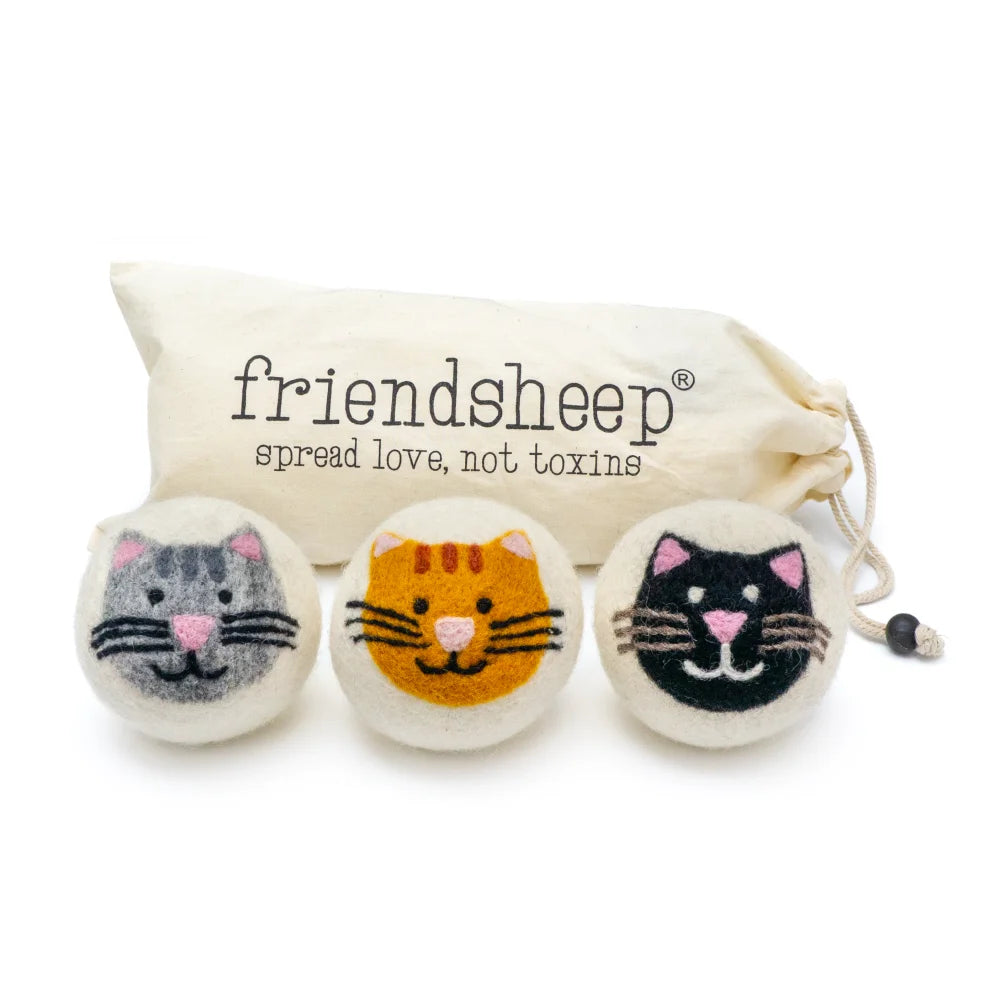 Cute house cats trio eco dryer balls in orange, grey, black wool mix