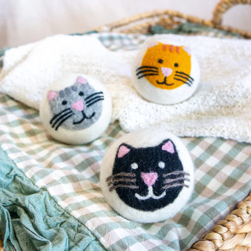 Cute house cats trio eco dryer balls in orange, grey, black
