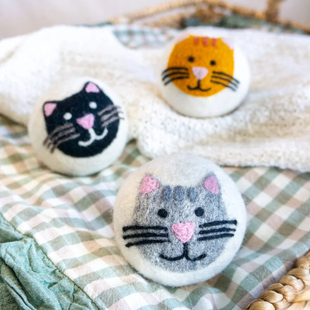 Felt cat face brooches on eco dryer balls house cats trio