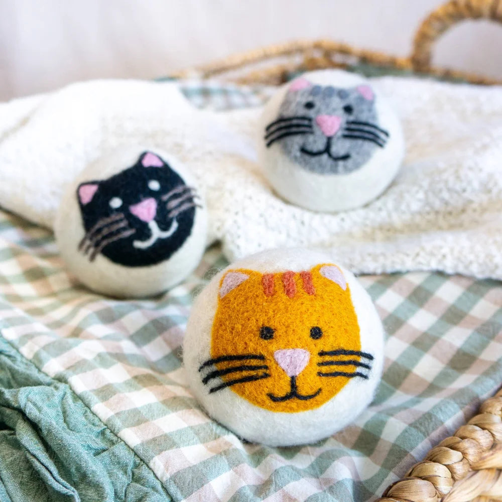 Cute house cats trio eco dryer balls in orange, grey, black plushie set