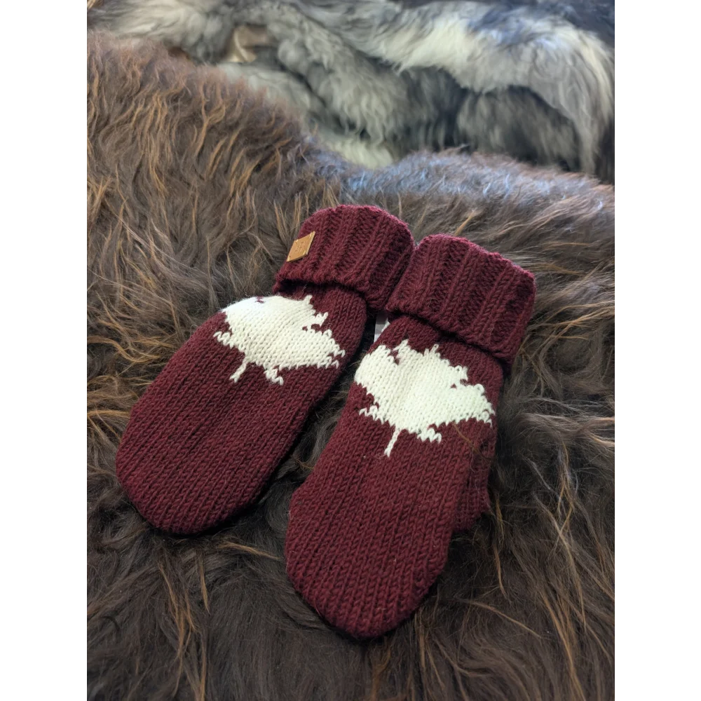 Cozy maroon maple ice mittens with white reindeer, true Canadian style wool