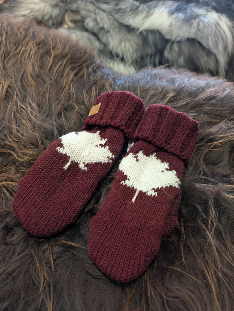 Cozy maroon maple ice mittens with white reindeer, true Canadian style wool