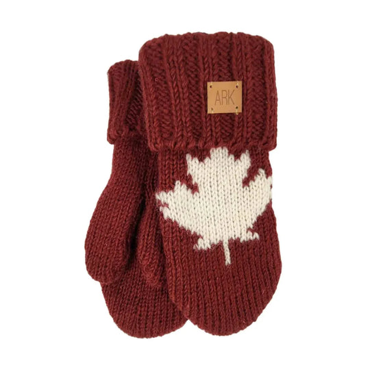 Cozy maroon and cream maple ice mittens with wool maple leaf design and ark brand cuff