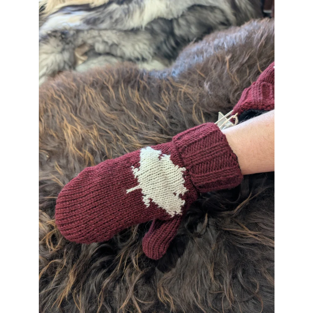 Cozy maroon wool maple ice mittens with white leaf design, true Canadian style