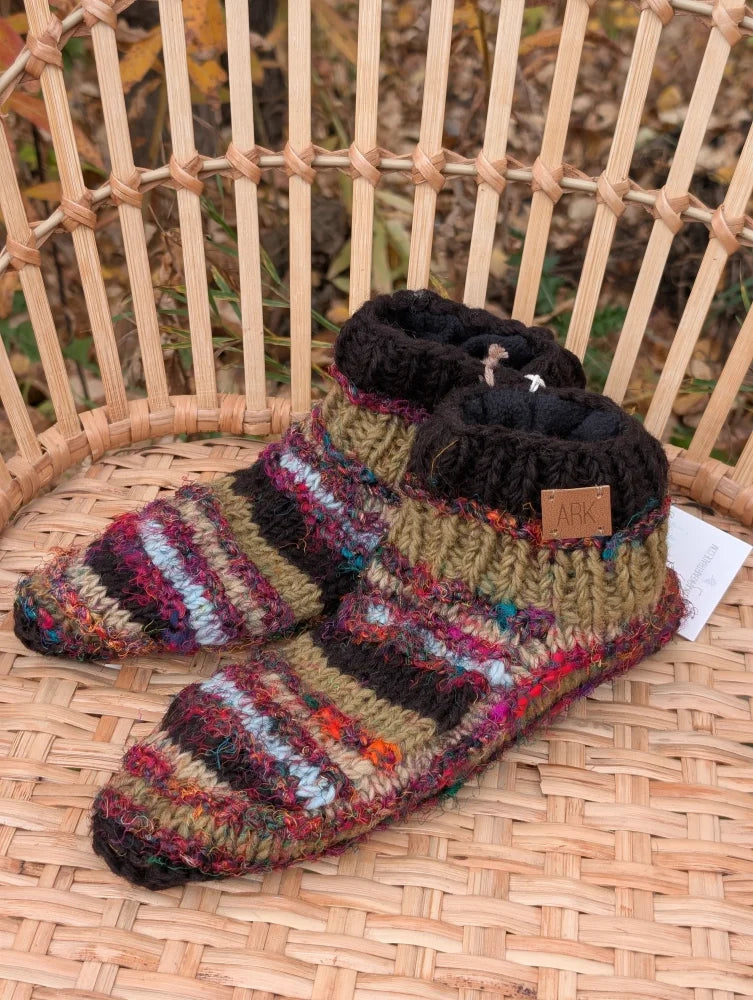 Woolen adult sized booties with cozy swool stripe wool in earthy tones and plush black fleece lining