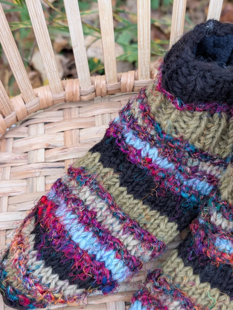 Hand-knitted woolen adult sized booties with textured swool stripe wool in black olive green light blue and magenta stripes