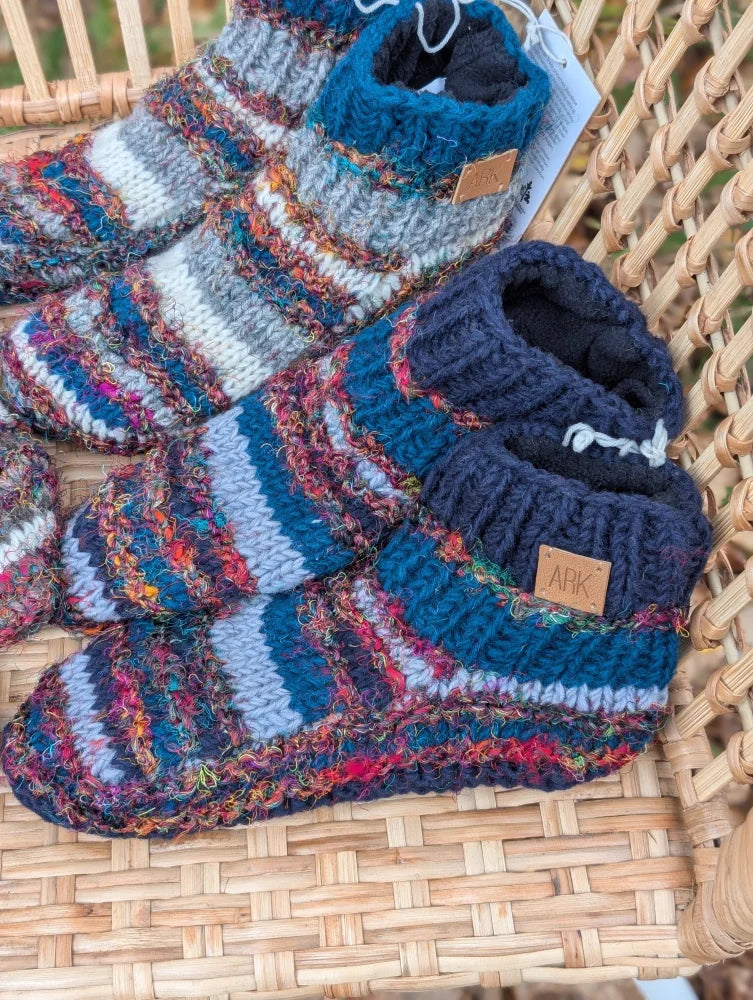 Cozy woolen adult sized booties with swool stripe wool in vibrant multicolored stripes and soft fleece lining