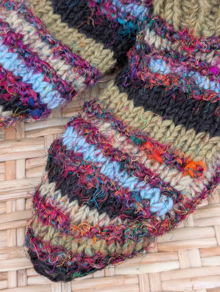 Woolen adult sized booties with swool stripe wool in vibrant earthy tones and bright multicolored stripes