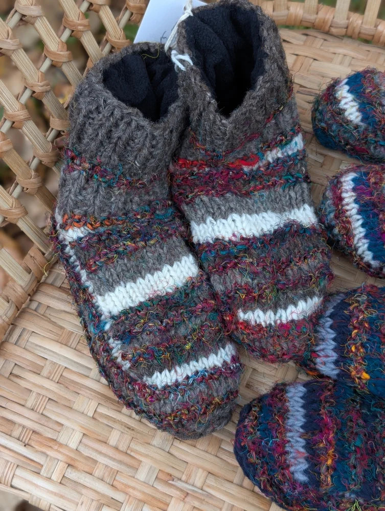 Woolen adult sized booties with cozy swool stripe wool knit in brown white stripes with red blue and orange accents