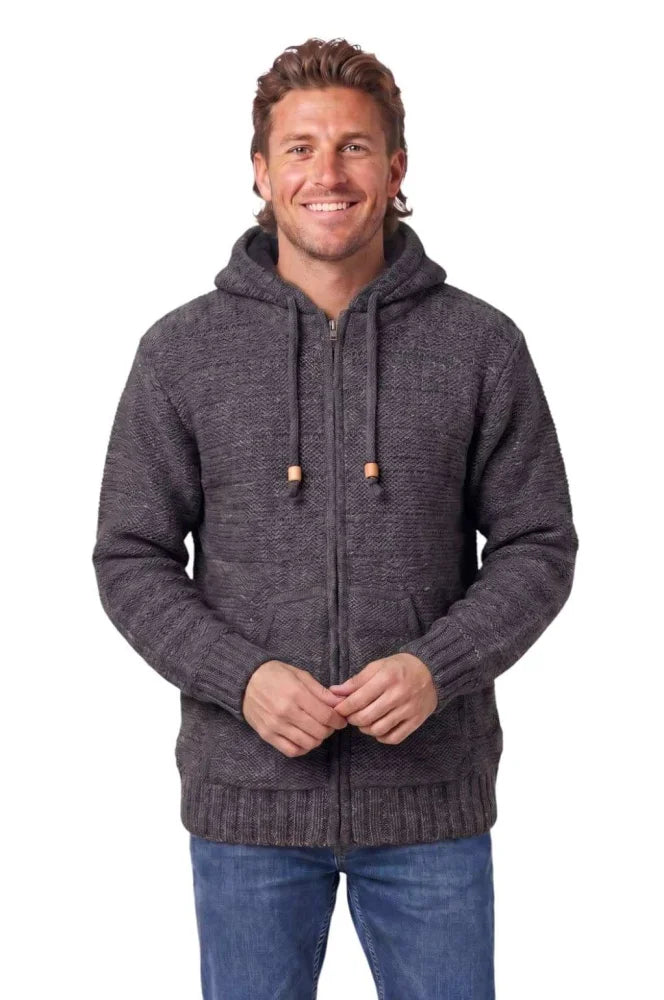 Dark gray textured calgary cardigan knit zip-up hoodie with wooden toggle drawstrings made from soft zealand wool fleece