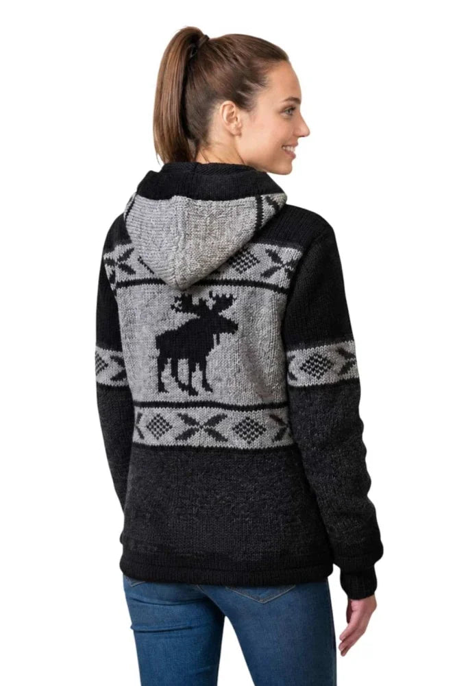 Black and gray woolen moose cardigan back side with fair trade zealand wool and geometric patterns