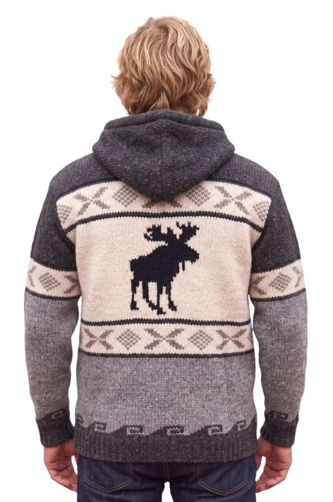Cozy fair trade woolen moose cardigan in gray and cream zealand wool with a bold black moose silhouette on the back