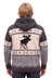 Cozy fair trade woolen moose cardigan in gray and cream zealand wool with a bold black moose silhouette on the back