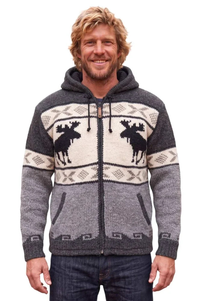 Cozy gray and cream woolen moose cardigan with fair trade zealand wool and black moose silhouettes