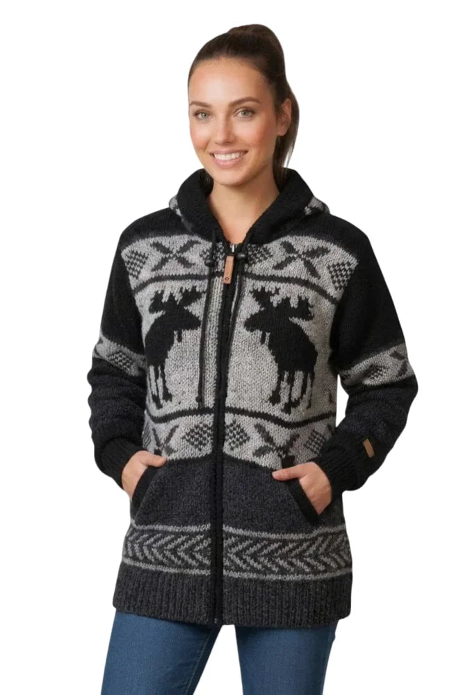 Cozy black and gray moose cardigan zip-up hoodie in fair trade zealand wool with geometric snowflake patterns