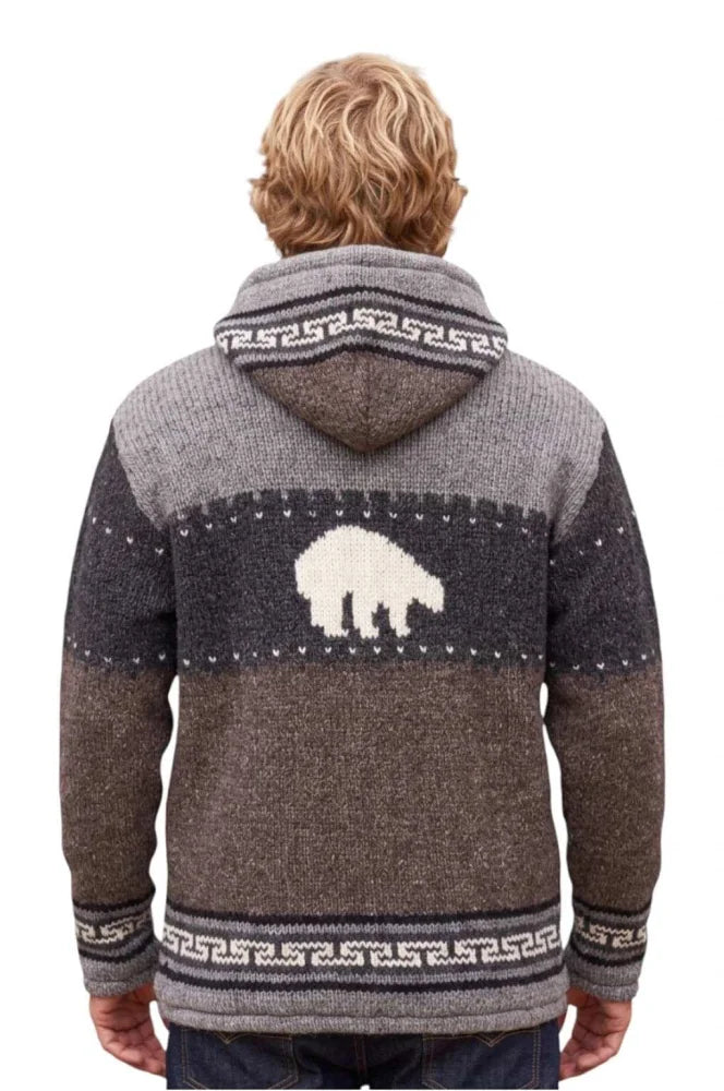 Cozy fair trade woolen polar bear cardigan in gray and brown with a white bear motif on the back side