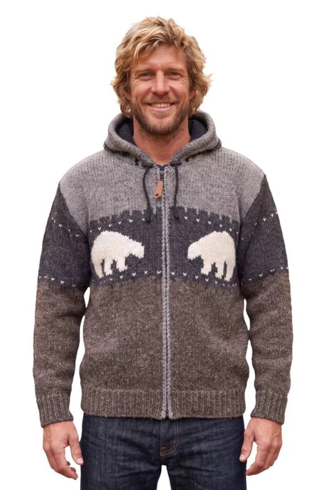 Cozy textured gray and charcoal woolen polar bear cardigan with fair trade white polar bear motifs and zip-up front