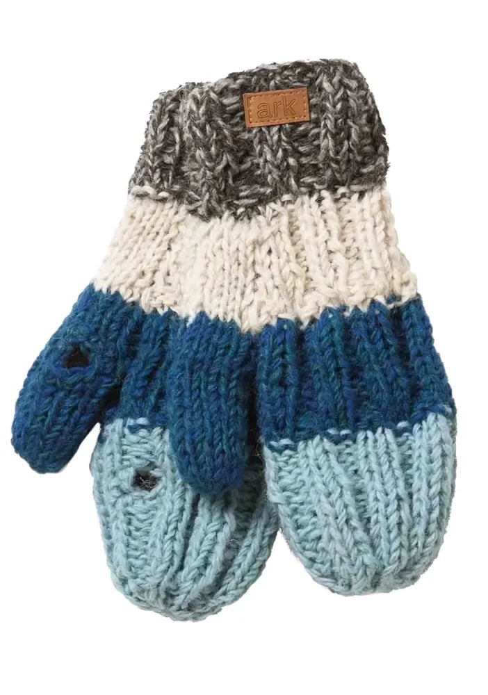 Knitted woolen texting mitten with gray cream and blue gradient in textured knit pattern from kensington texting mittens