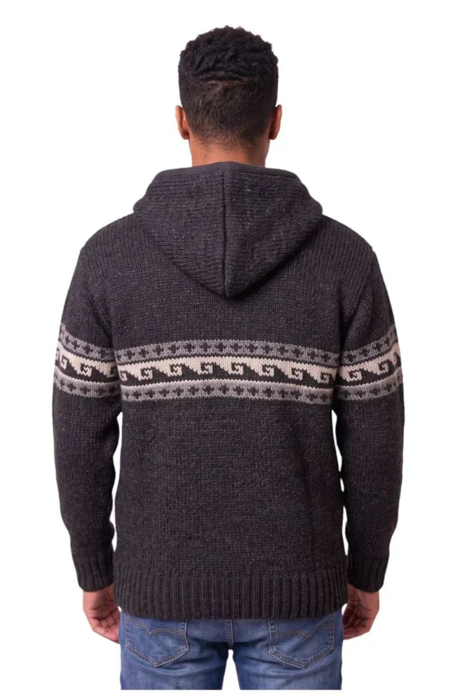 Dark gray woolen wave cardigan hoodie with geometric pattern made from soft fleece zealand wool fair trade quality