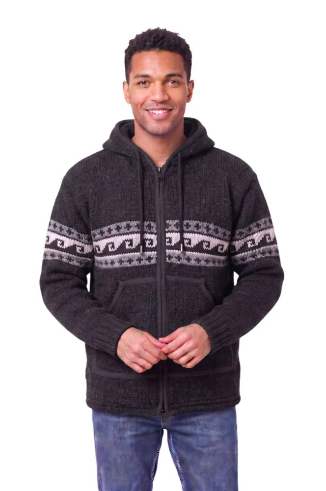 Black knitted zip-up woolen wave cardigan with fair trade zealand wool and gray white wave pattern on chest and sleeves