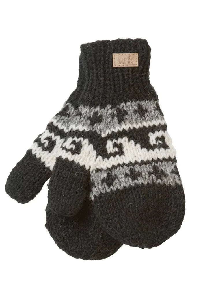 Black and white woolen wave mittens with traditional nordic wave pattern made from zealand wool and leather tag