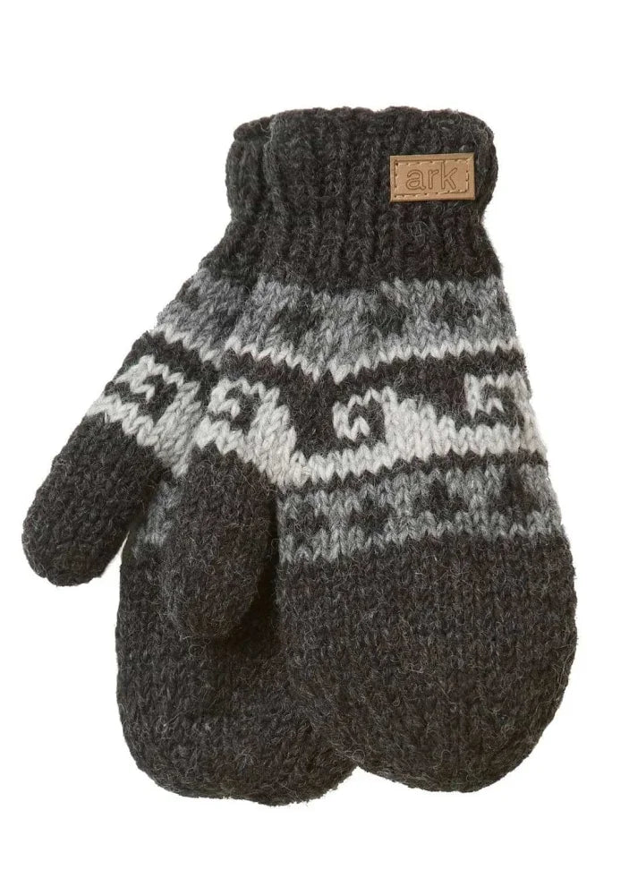 Dark gray and white woolen wave mittens knit with zealand wool featuring artisan craftsmanship and a brown leather tag