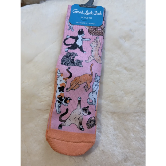 Pink Yoga Cats socks by Good Luck Socks with playful cat designs