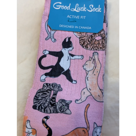 Pink Yoga Cats socks by Good Luck Socks, active fit, made in Canada