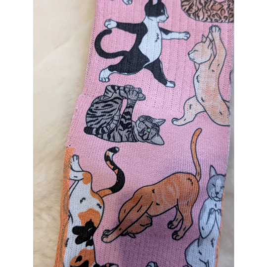 Pink yoga cat socks by Good Luck Socks with orange trim and colorful poses
